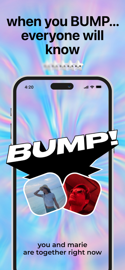 A smartphone screen from the Blink app showing a BUMP notification that two friends are currently together.