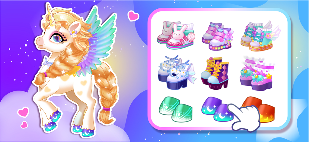 Unicorn customization screen showing a variety of colorful shoes and hoof accessories for a magical unicorn