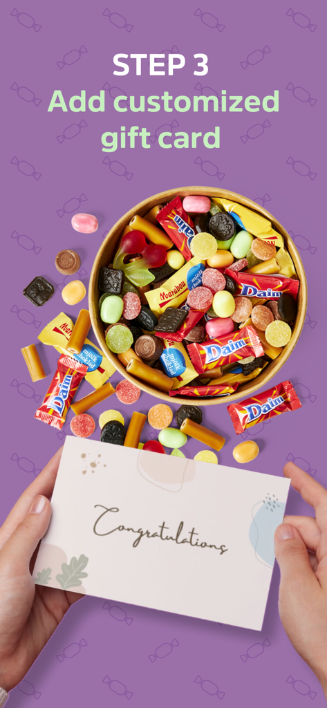 CandyExpress Candy app - Hands holding a customized Congratulations gift card over a bowl of assorted Swedish candies