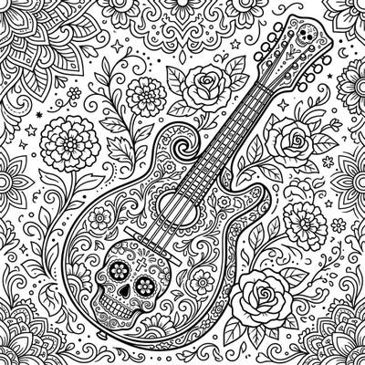 Immerse yourself in the vibrant spirit of Día de los Muertos with this unique mandolin coloring page. Adorned with a festive sugar skull and intricate floral patterns, it's a beautiful tribute to remembrance and celebration.