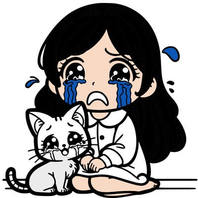 a girl crying with a cat