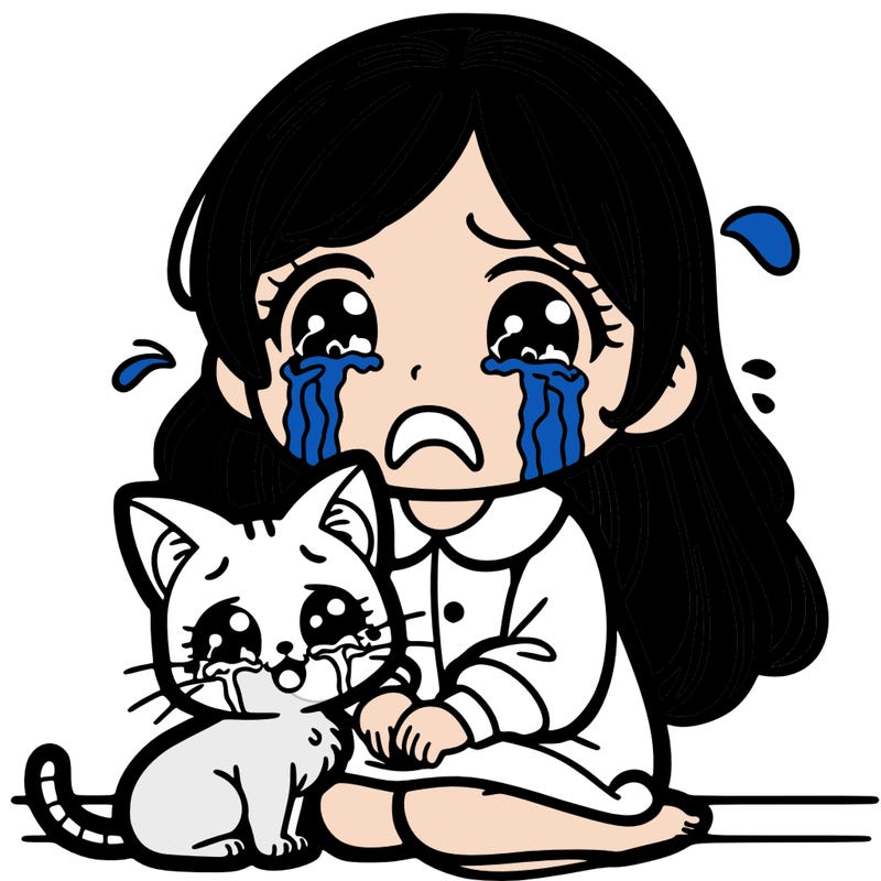 a girl crying with a cat