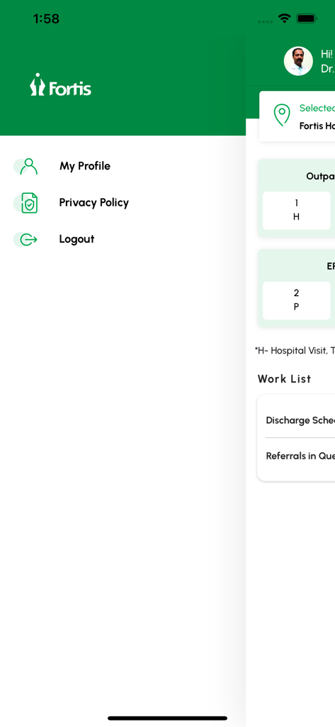 MyFortis Doc - The side navigation menu of the MyFortis Doc app showing profile options and the doctors daily work list.