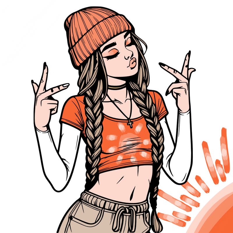 realistic teenage girl with braids and a beanie and crop top doing 🫶🏼