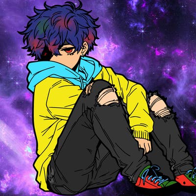 a male hoddie ripped jeans messy hair anime