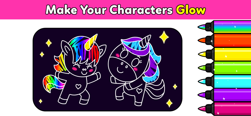My Unicorn Coloring Club Games - Dos personajes de unicornio siendo coloreados con rotuladores arcoíris brillantes sobre un fondo oscuro en la aplicación My Unicorn Coloring Club