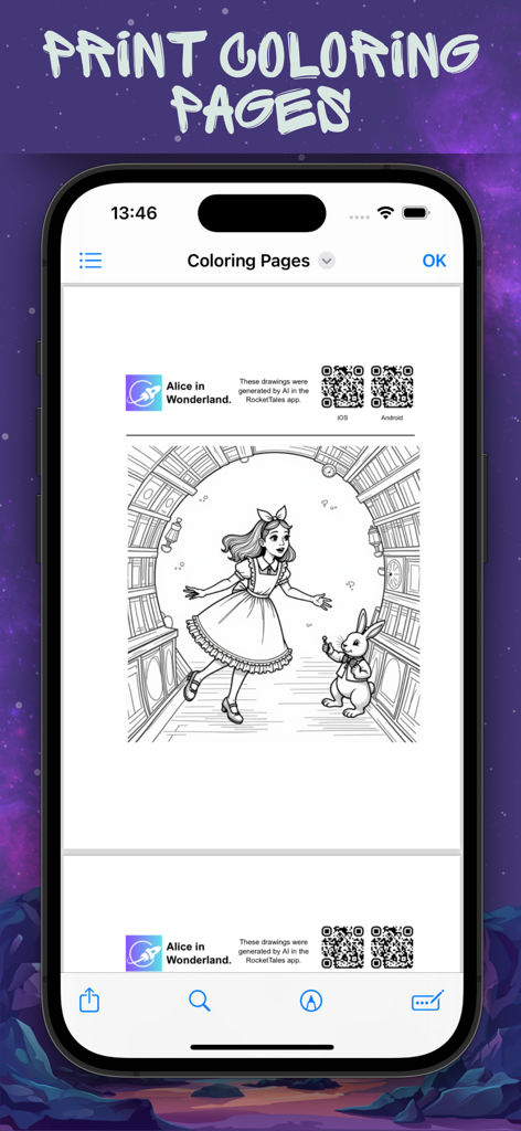 Bedtime AI Story Creator. - A phone displaying the printable coloring page feature in the RocketTales app featuring Alice in Wonderland.