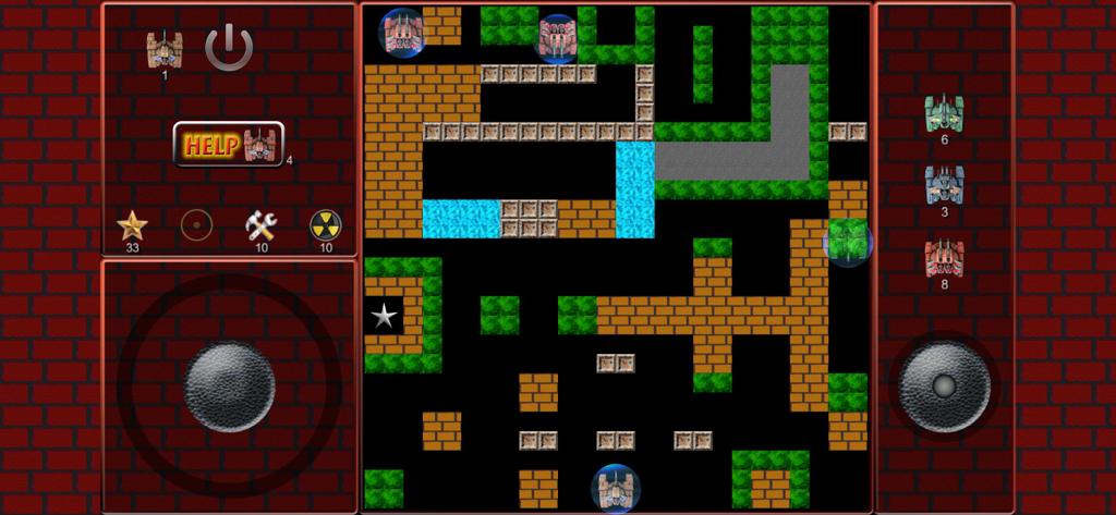 Top-Down-Gameplay eines Retro-Panzerkampfs, das eine Labyrinth-Karte mit Panzern und Power-Ups zeigt