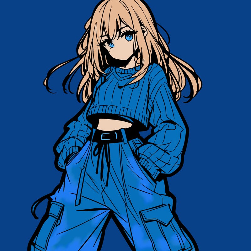 anime teen girl with baggy pants and crop top with sweater