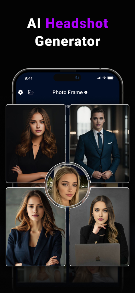Interface of the AI Headshot Generator showing professional portrait templates for business profiles and LinkedIn.