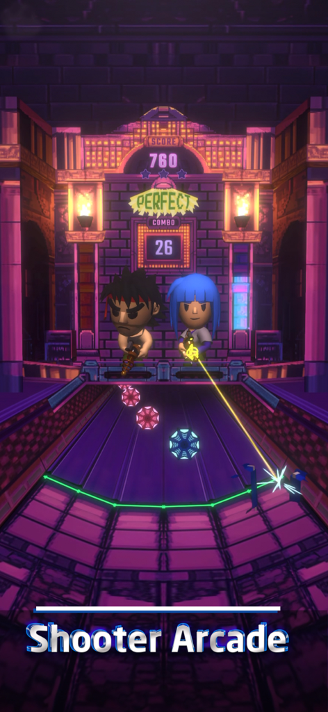 Beat Swiper - Jugabilidad de Beat Swiper mostrando el modo arcade de disparos con efectos visuales y personajes de neón