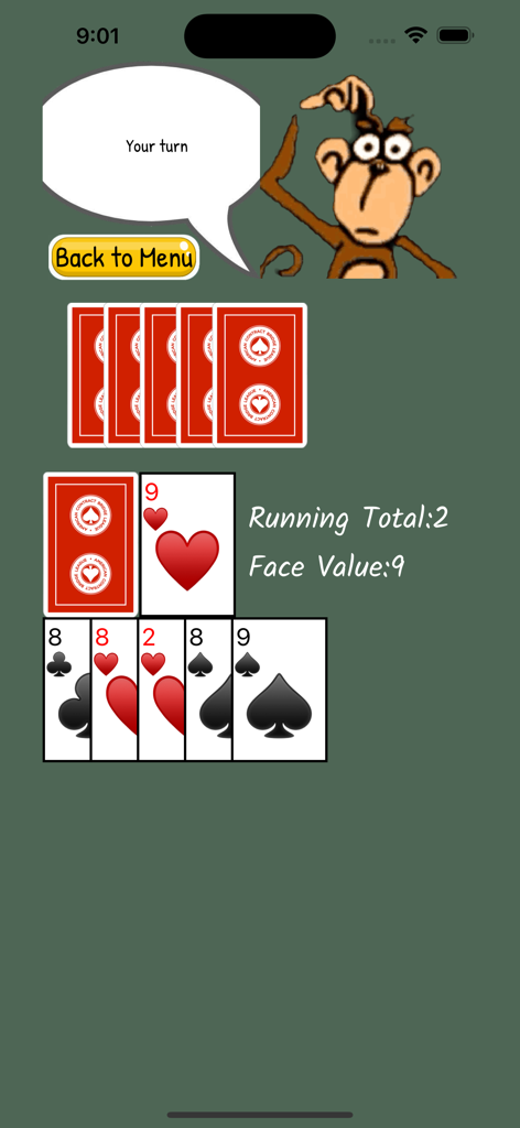 Primate (Card Game) - Gameplay des Primaten-Kartenspiels mit einem Cartoon-Affen-Gegner und einfachen Rechenkartenmechaniken.