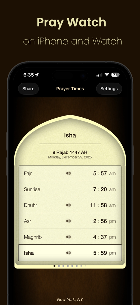 Pray Watch app screen showing accurate Islamic prayer times for New York City