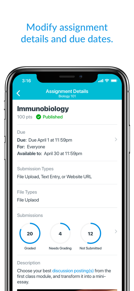 Canvas Teacher - Pantalla de smartphone mostrando los detalles de una tarea y el estado de calificación en la aplicación Canvas Teacher.