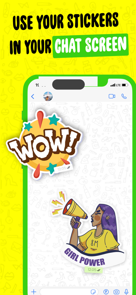 Mobile phone screen showing custom wow and girl power stickers used in a chat interface