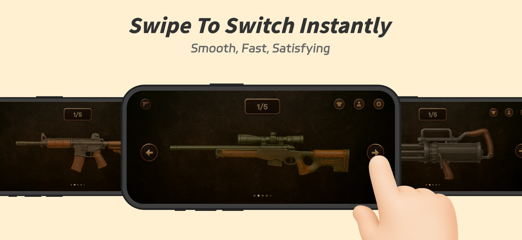 A hand swiping through different weapon skins like a sniper rifle and assault rifle in the BangBang gun simulator app