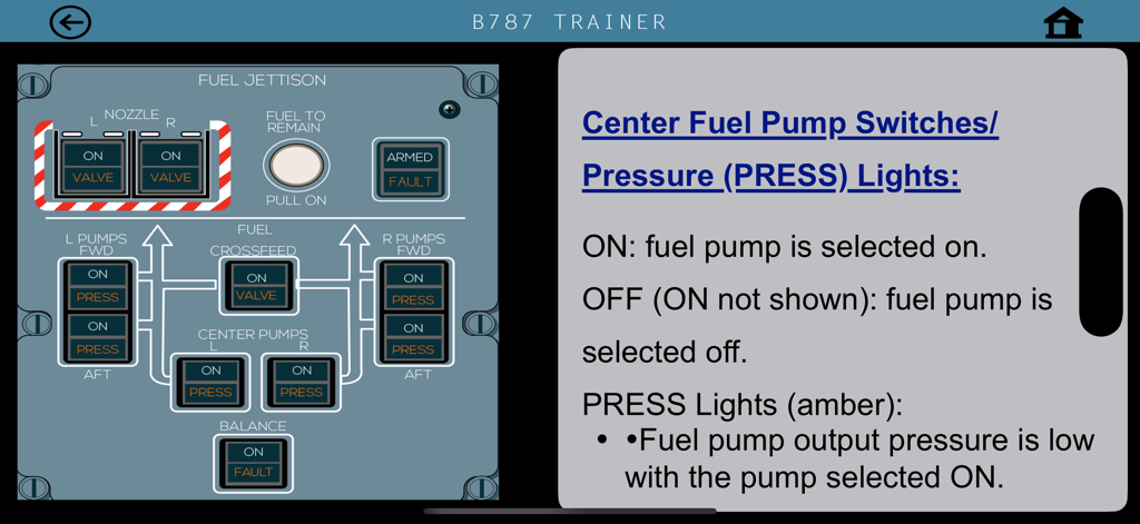 B787 Cockpit Pilot Trainer - Boeing 787 fuel system and pump switches interface with pilot training text