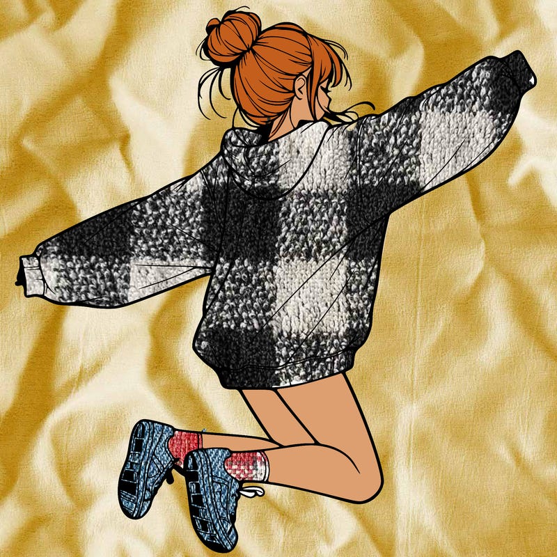realistic girl jumping with a bun and oversized sweatshirt