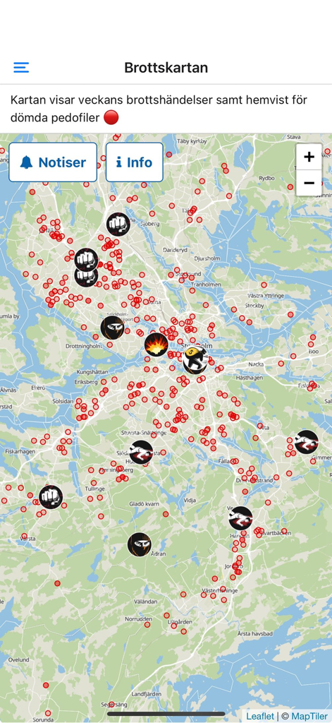 Captura de tela do aplicativo Bulletin mostrando o recurso Brottskartan que exibe incidentes e locais de crimes em um mapa da Suécia.