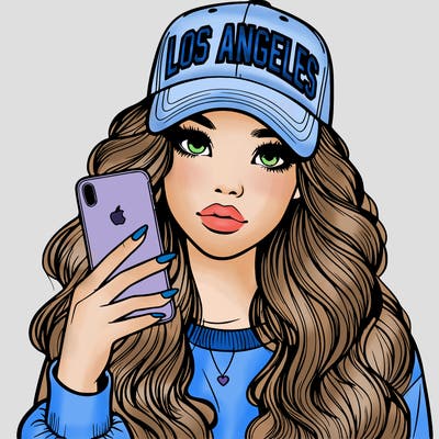realistic beautiful girl wearing los ángeles cap holding an iphone