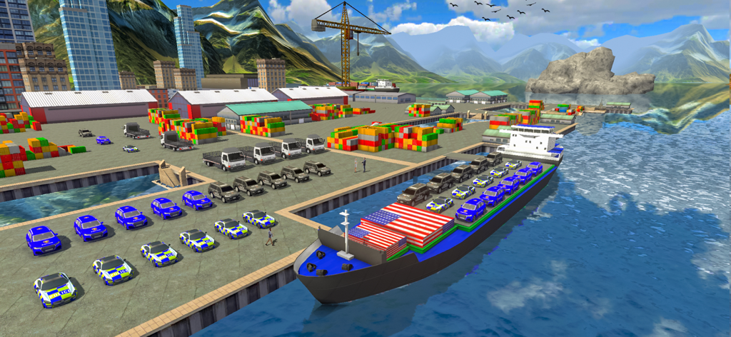 Un gran buque de carga cargado de vehículos en un concurrido puerto en Ship Simulator Sea Game.