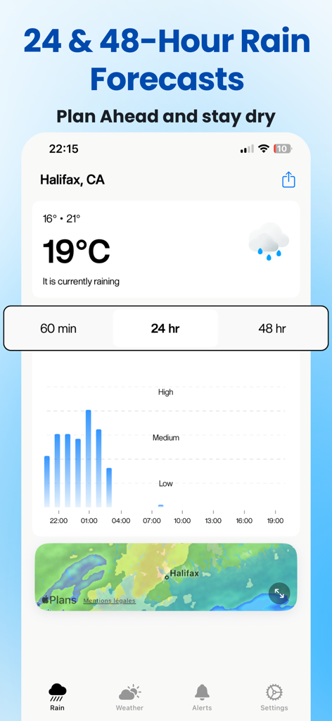 Rain Now app interface showing 24 hour rain forecast chart and radar map