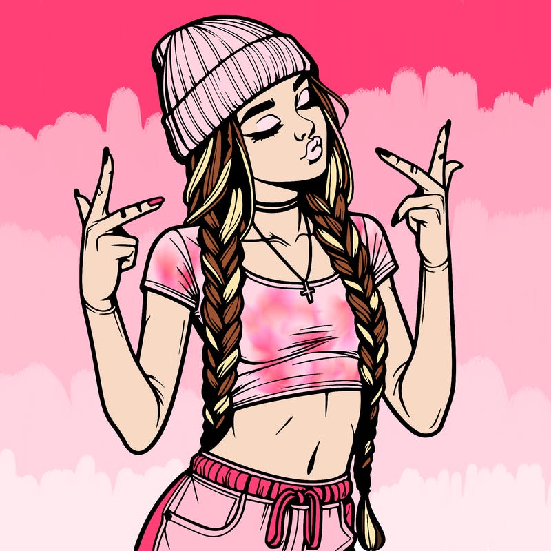 realistic teenage girl with braids and a beanie and crop top doing 🫶🏼