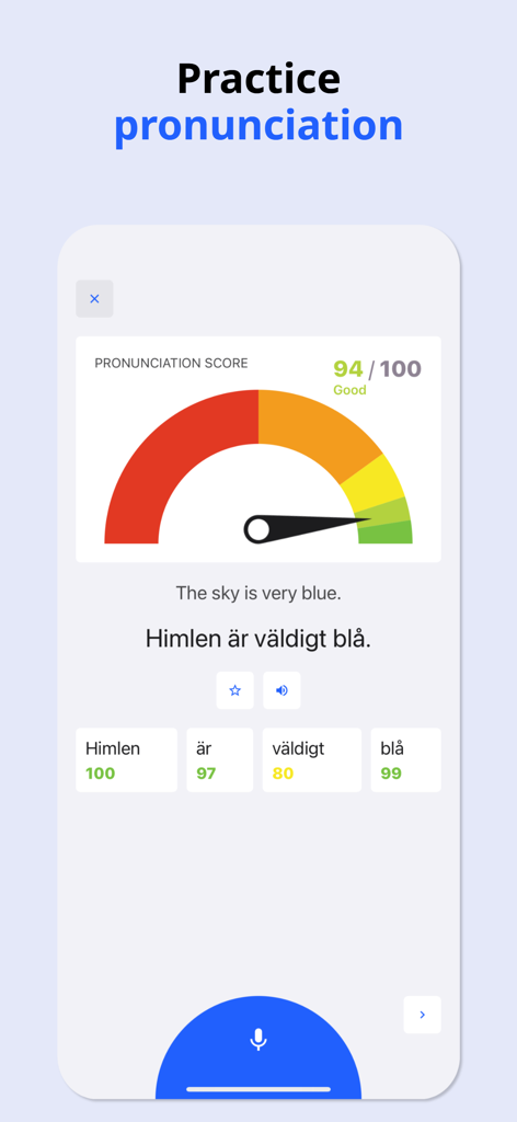 Language Pro - Language Pro app interface showing pronunciation feedback with a score of 94 out of 100 for a Swedish translation