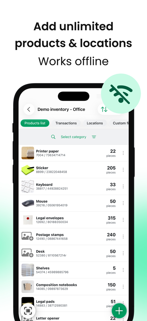 Mobile Inventory: Scan & Track - A mobile app screen displaying an inventory list of office items with a badge highlighting its offline functionality.