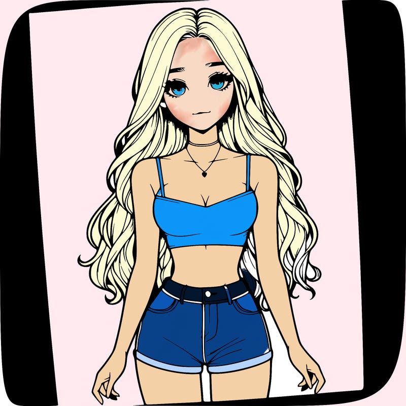 a realistic girl with long hair and in a crop top and shprts