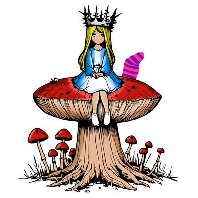 realistic girl sitting on a huge tree stump size toadstool with thorn crown