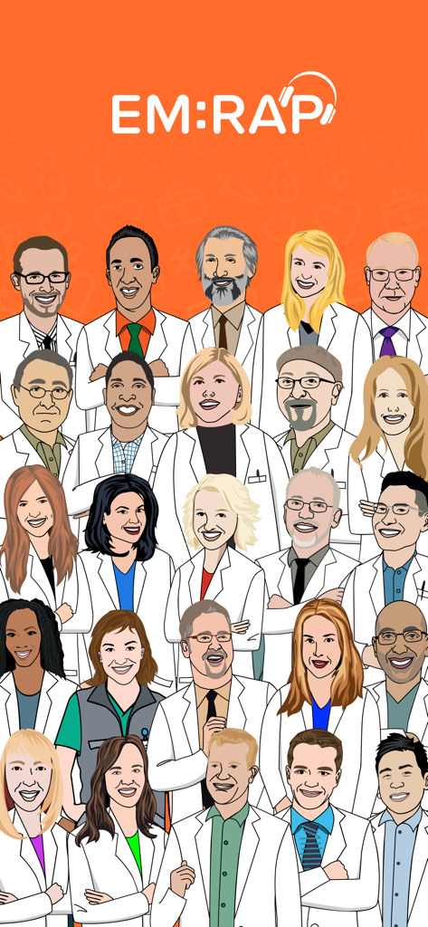 EM:RAP - Medical Education - Cartoon illustration of a diverse group of medical professionals in white coats under the EM:RAP logo