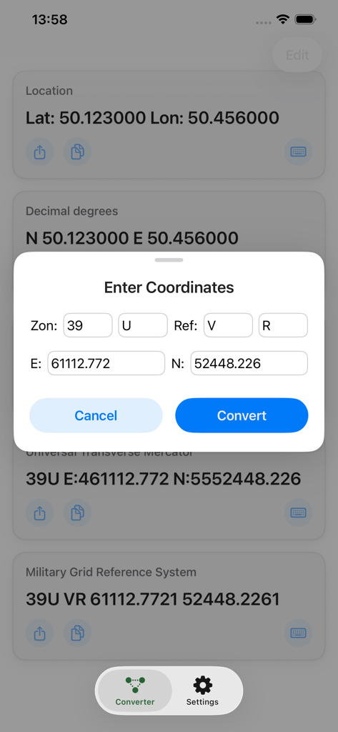 A modal window in the Geo Changer app for entering geographic coordinates like UTM and MGRS