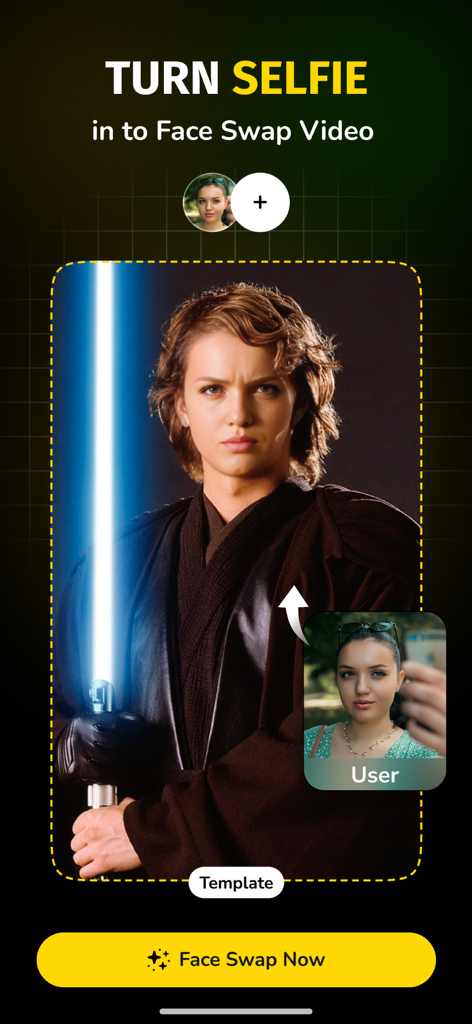 AI Video Face Swap : Deep Swap - Tela de aplicativo móvel demonstrando uma selfie transformada em uma troca de rosto em clipe de filme