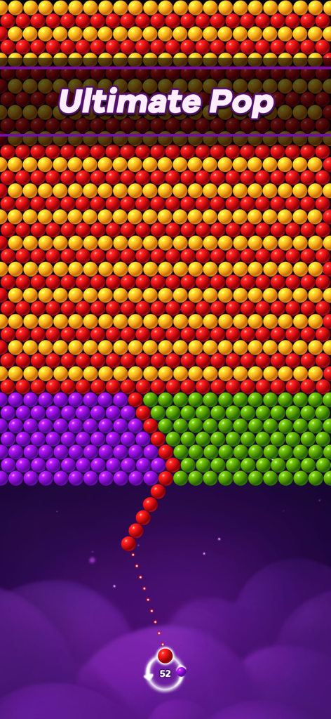 Bubble Pop Star gameplay screen showing a red bubble aiming at rows of colorful bubbles with the text Ultimate Pop