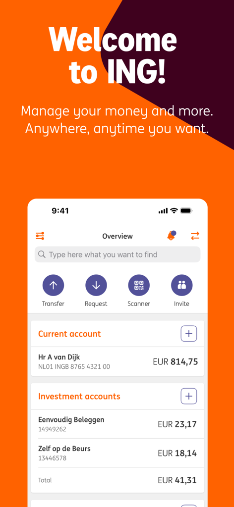 Pantalla de bienvenida de la aplicación de banca móvil ING Países Bajos que muestra el resumen de cuentas y los saldos
