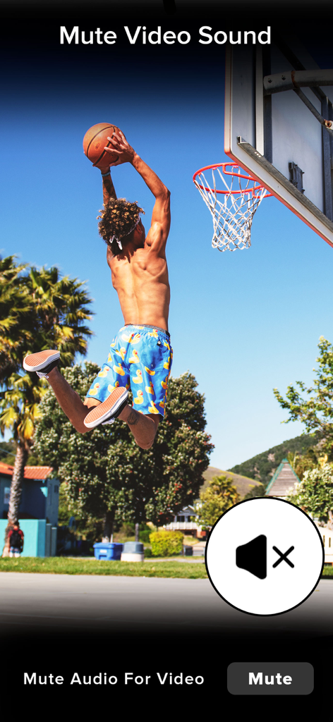 Video Slow Fast Speed Editor - Interface of the Video Slow Fast Speed Editor app showing the mute video sound feature on a basketball clip