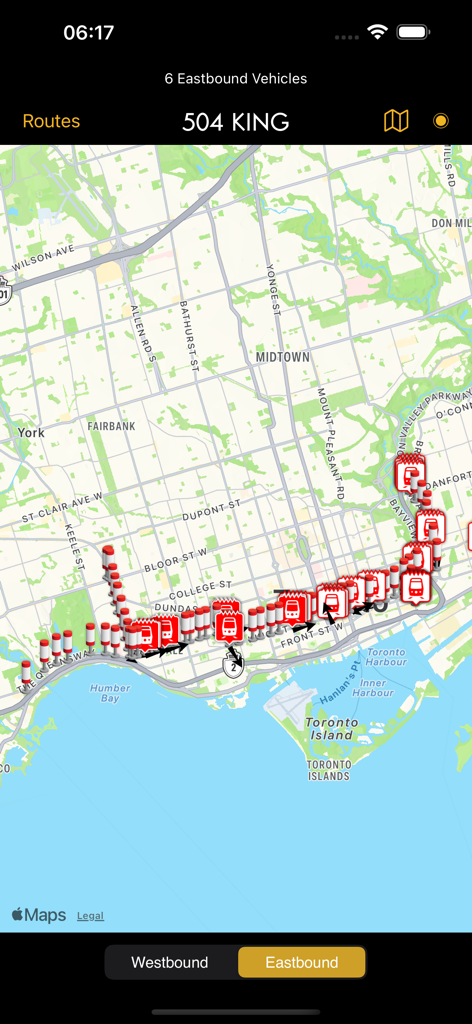 Rastreamento em tempo real de veículos TTC na rota 504 King em Toronto