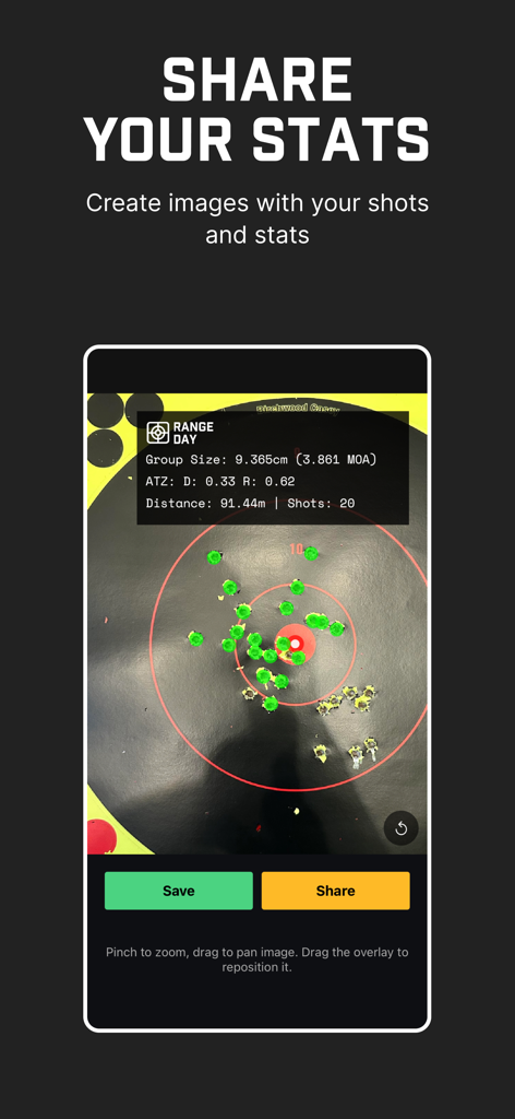 RangeDay - Ballistic x SubMOA - RangeDayアプリのスクリーンショットに、ショットグループサイズと弾道統計が表示され、共有準備ができたターゲットが表示されています。