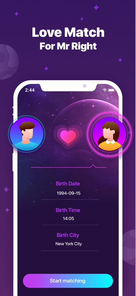 Función de coincidencia amorosa en la aplicación Quiromancia y Horóscopo para la compatibilidad de relaciones.