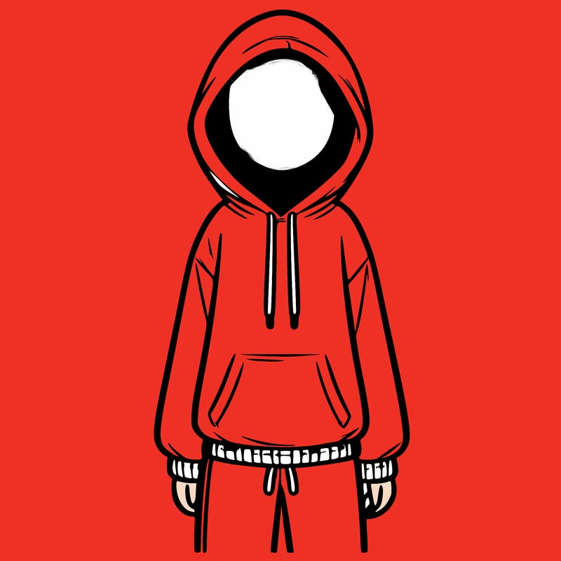 faceless girl in a tracksuit with a hood on and no hair