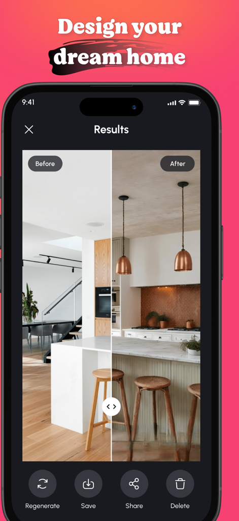 Comparación de diseño de interiores antes y después generada por IA para una cocina que muestra una renovación moderna