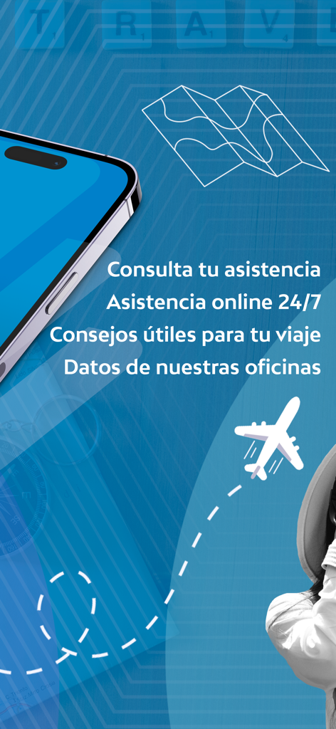 Terrawind App-Bildschirm, der 24/7-Online-Hilfe, Reisetipps und Standorte von Büros auf Spanisch hervorhebt