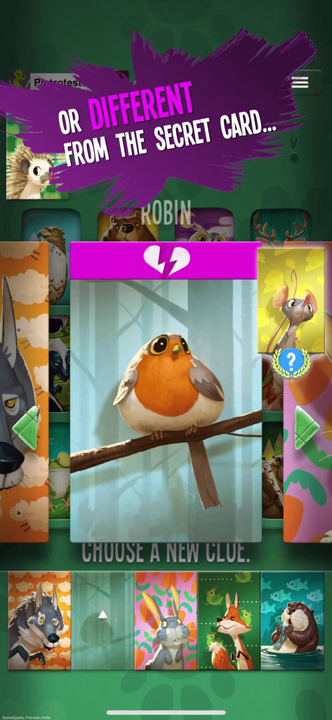 Similo: The Card Game - Similo Gameplay-Bildschirm, der eine Rotkehlchenkarte als Hinweis zeigt, um einen Unterschied zur geheimen Karte anzuzeigen