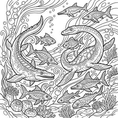 Explore the mysterious depths of a prehistoric ocean with this captivating coloring page featuring gigantic marine beasts. Bring to life majestic mosasaurs, elegant plesiosaurs, and a school of ancient fish with your favorite colors.