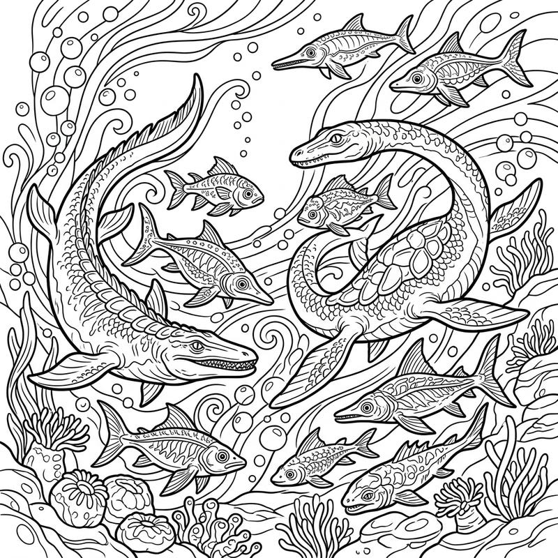 Explore the mysterious depths of a prehistoric ocean with this captivating coloring page featuring gigantic marine beasts. Bring to life majestic mosasaurs, elegant plesiosaurs, and a school of ancient fish with your favorite colors.