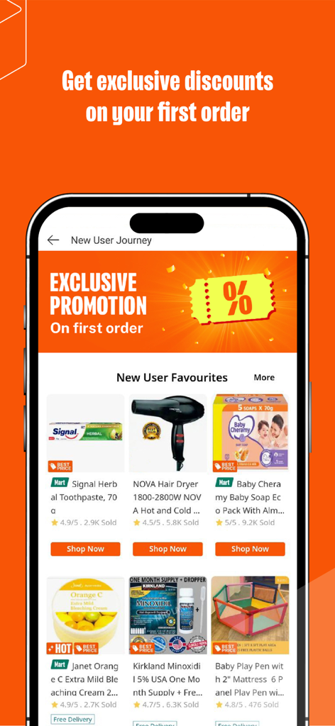 A screenshot of the Daraz app showing exclusive first order promotions and featured products for new users