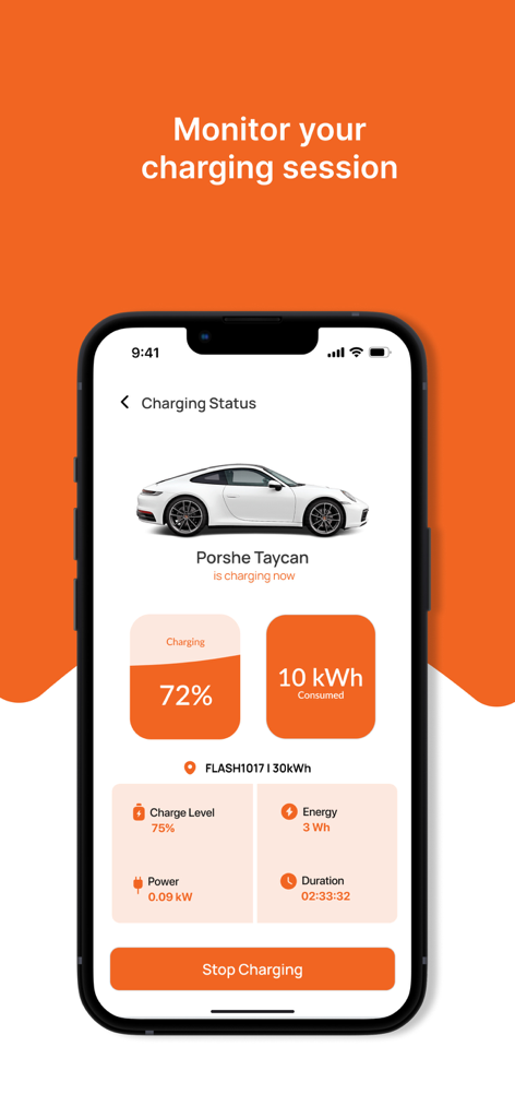 Flash EV Charge - A smartphone screen displaying the Flash EV Charge app monitoring a Porsche Taycan charging session with battery percentage and energy consumed