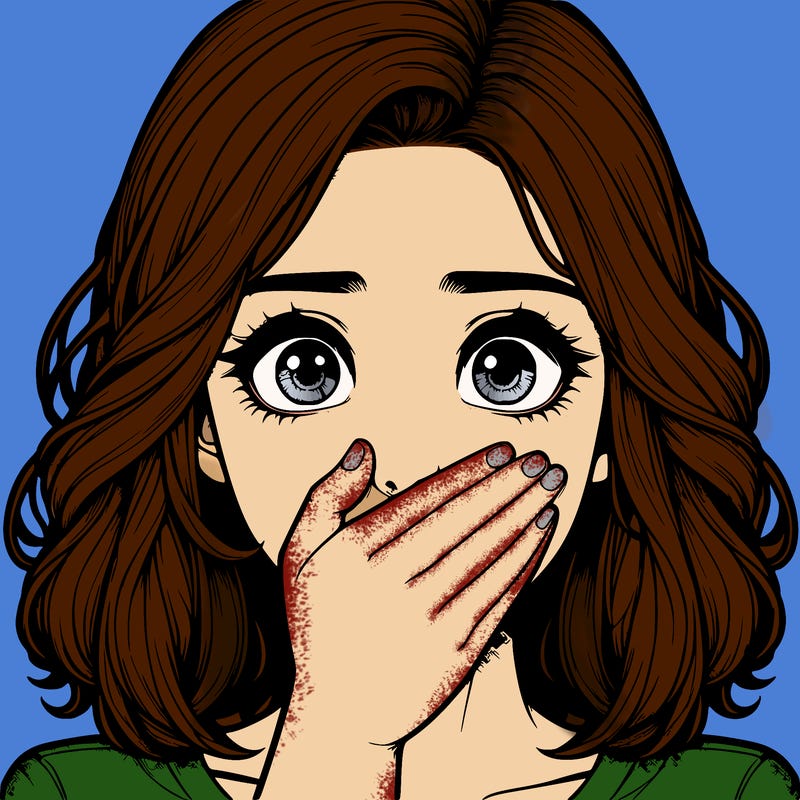realistic girl covering her mouth with her hand wide eyed in shock and fear