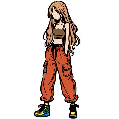 girl in baggy pants crop top and long hair
